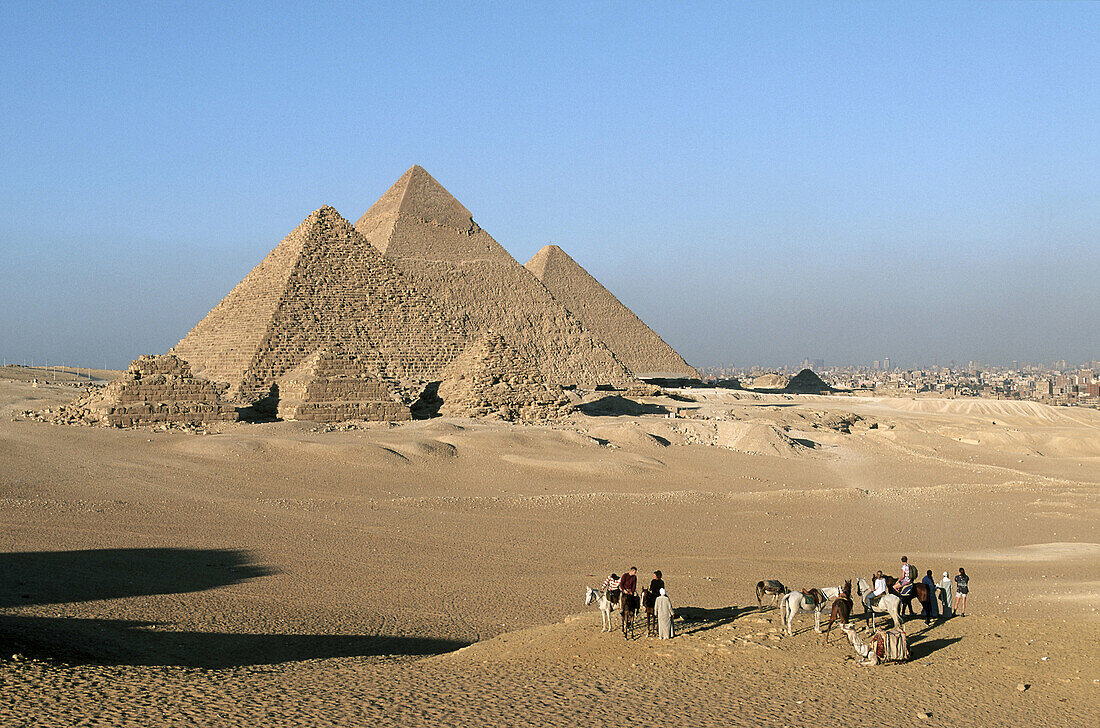 Pyramids of Khufu, Khafre and Menkaure at Giza. Egypt