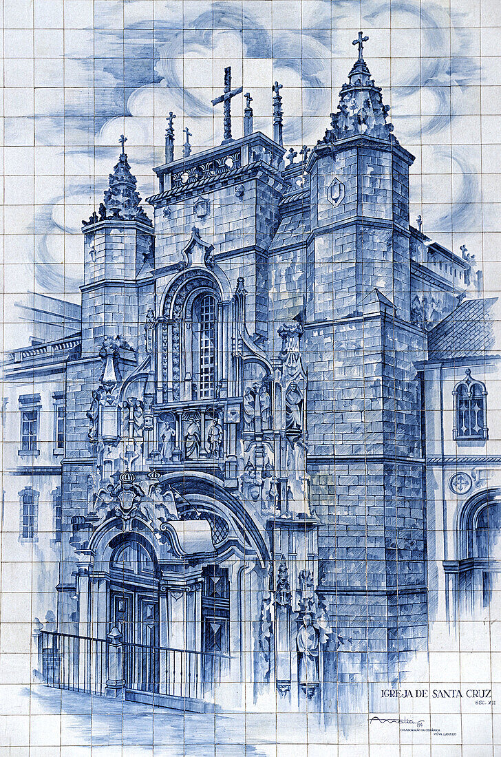 Tiles depicting Holy Cross Church, Coimbra. Beira Litoral, Portugal