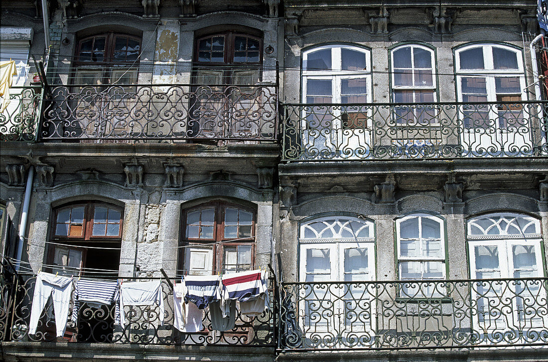 Balconies in Ribeira district, Porto. Portugal