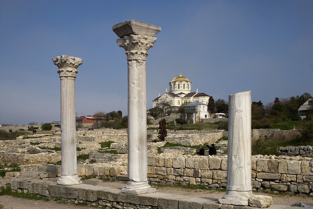 Ruins of basilica dating from 6th-10 century and St. Vladimir s cathedral in background, Chersonesos. Crimea, Ukraine