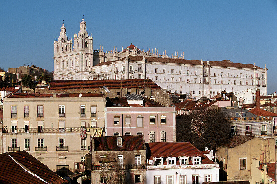 São Vicente de Fora monastery, view on Alfama district from Miradouro Santa Luzia, Lisbon. Portugal