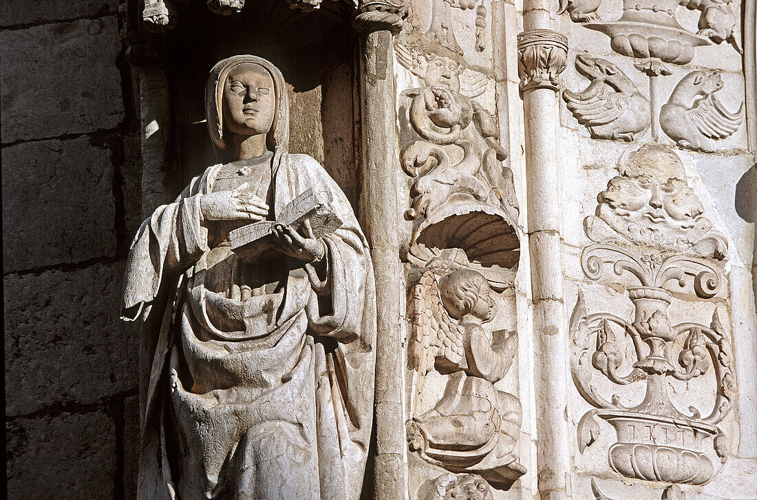 Detail, Manueline style façade of the church of Conceição Velha, Lisbon. Portugal