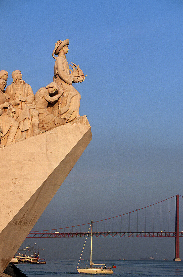 Monument to the Discoveries and April 25 Bridge, Lisbon. Portugal