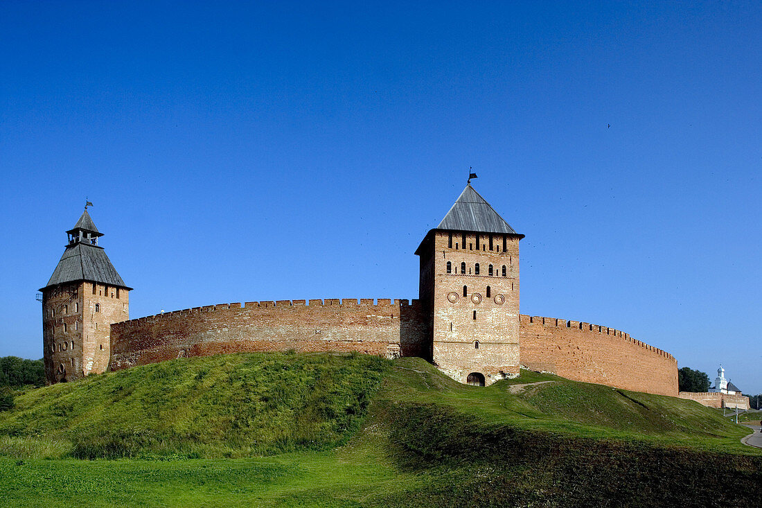 Court tower. Saviour tower. Fortifications wall. Novgorod The Great. Russia.