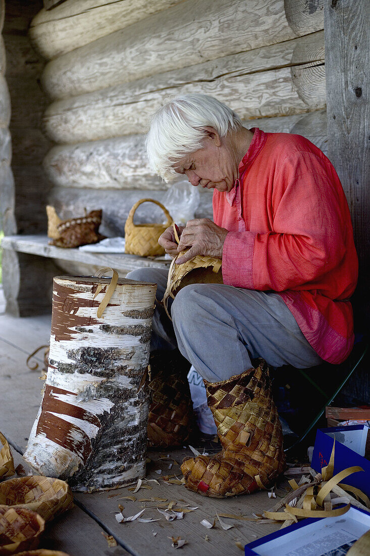 Birch-tree rind carving. Museum of wooden architecture. Vitoslavitsy. Russia.