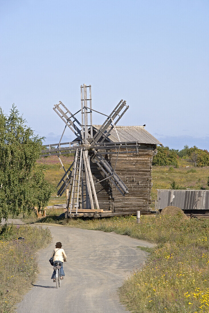 Village of Yamka, wind mill. Kizhi Island. Onega lake, Karelia. Russia.