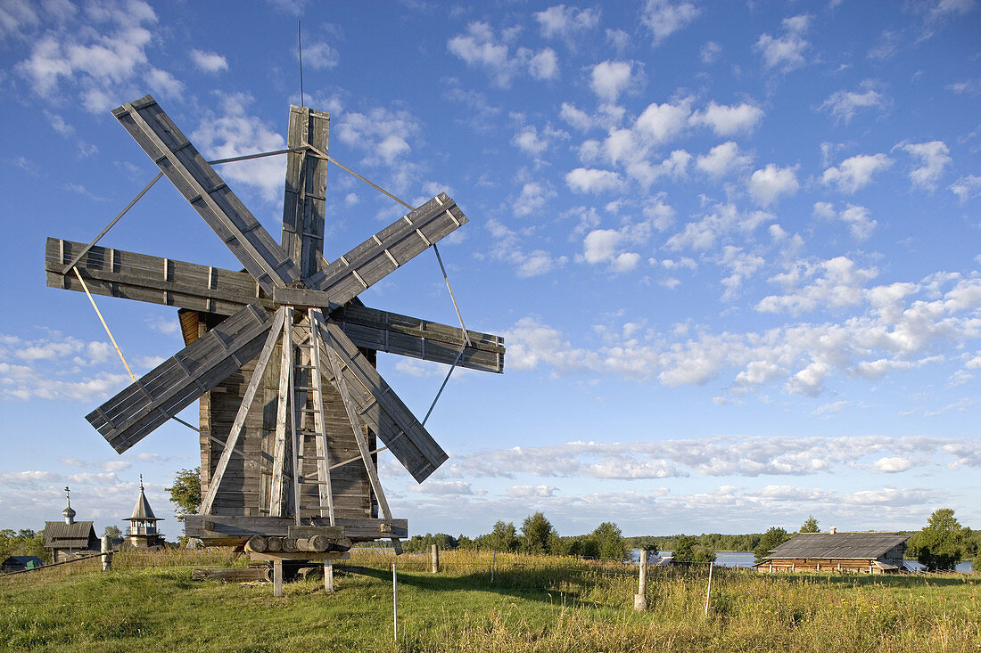 Wind mill from the village of Volkostrov, 1928, village of Yamka, wind mill. Kizhi Island. Onega lake, Karelia. Russia.