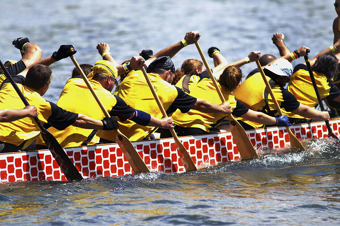 Rowers on board of a dragon boat