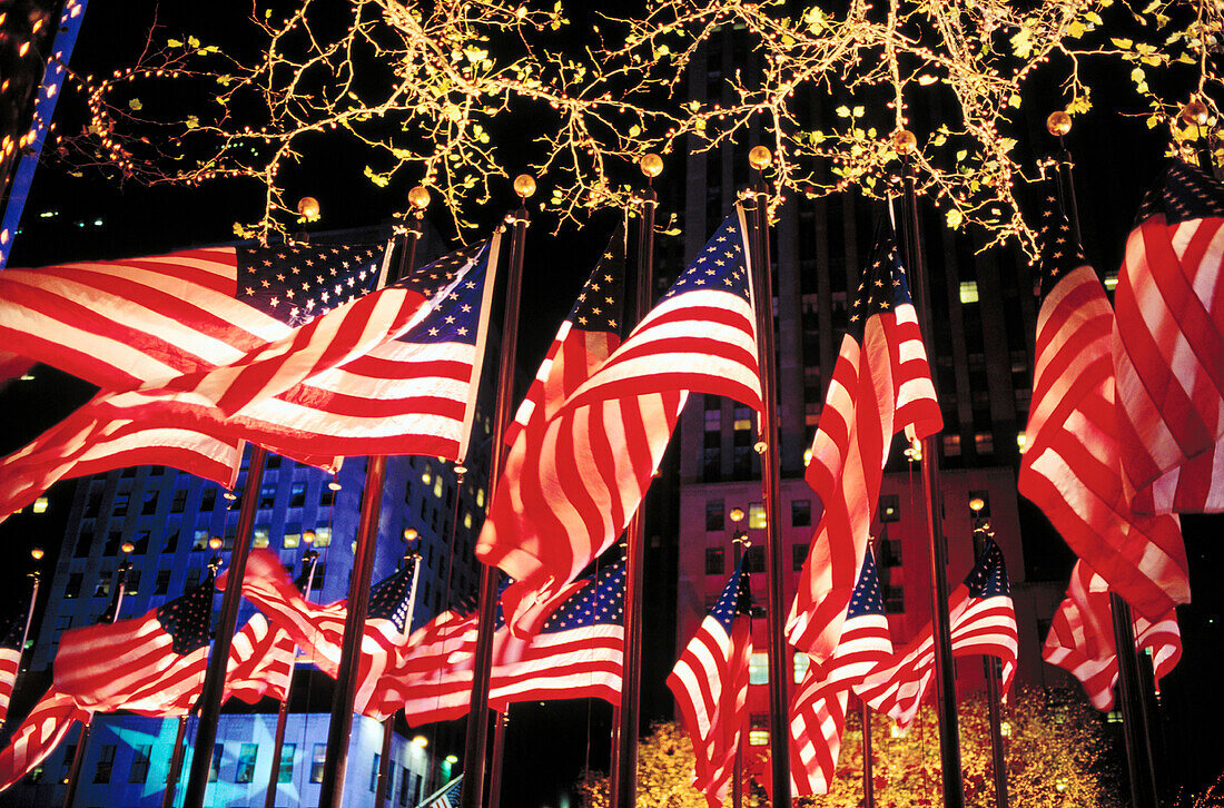 United States Flags ring Rockefeller Center on Election Night. Fifth Avenue. Manhattan. New York City. USA