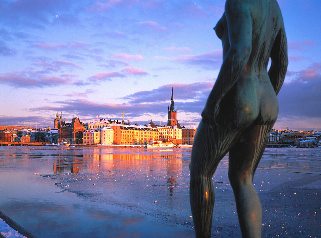 Riddarholmen island seen from City Hall in winter. Statue at fore. Stockholm. Sweden