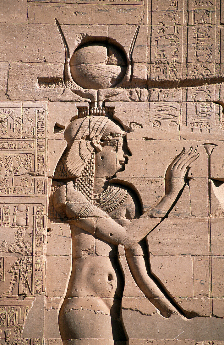 Detail of relief on temple. Philae. Aswan. Egypt