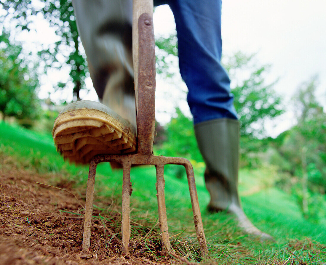  Activity, Adult, Adults, Agriculture, Boot, Boots, Color, Colour, Country, Countryside, Cultivation, Daytime, Detail, Details, Earth, Economy, Exterior, Farming, Feet, Field, Fields, Foot, Fork, Forks, Hayfork, Hayforks, Horizontal, Human, One, One perso