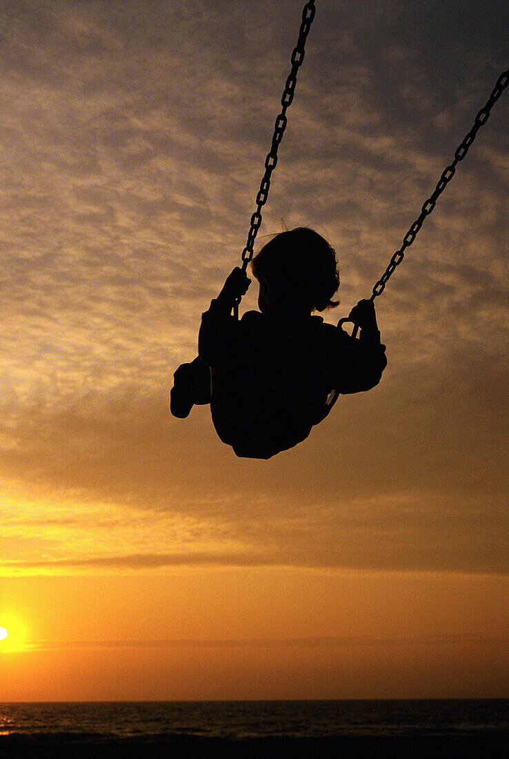 Young child swinging in the sunset