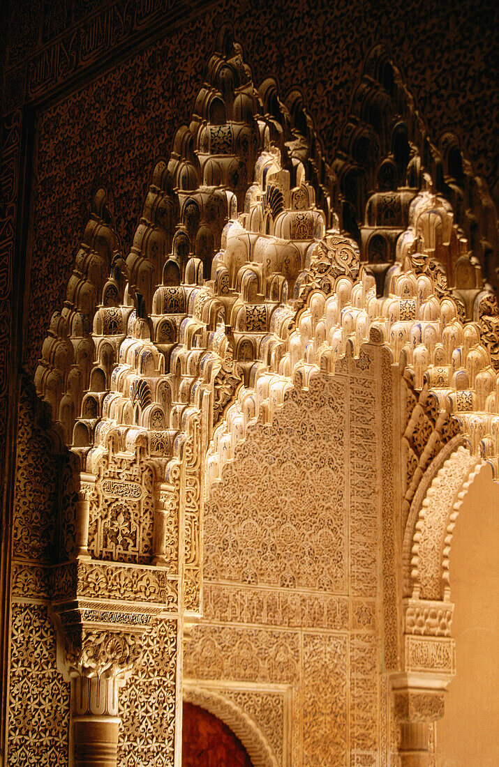 Detail of the wall in the Patio de los Leones in La Alhambra. Granada. Andalusia. Spain