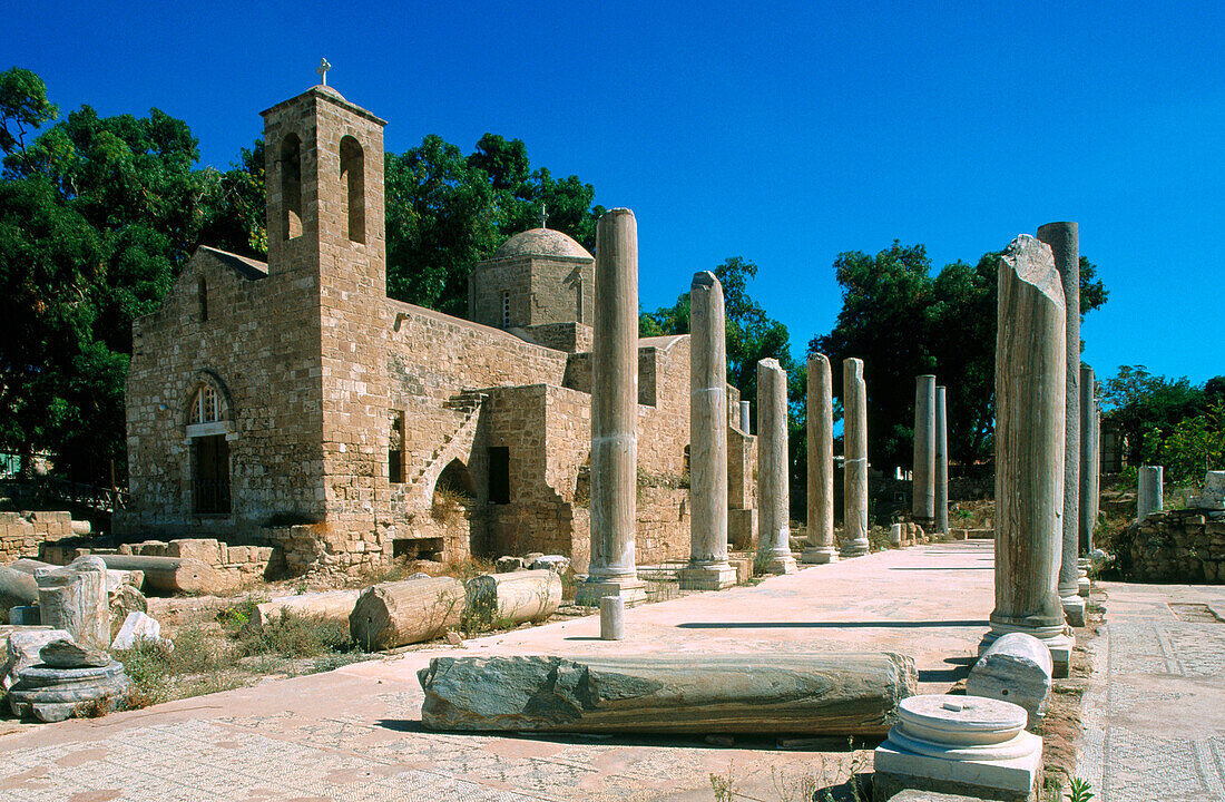 Early Christian basilica ruins and Panayia Chrysopolitissa church. Paphos. Cyprus