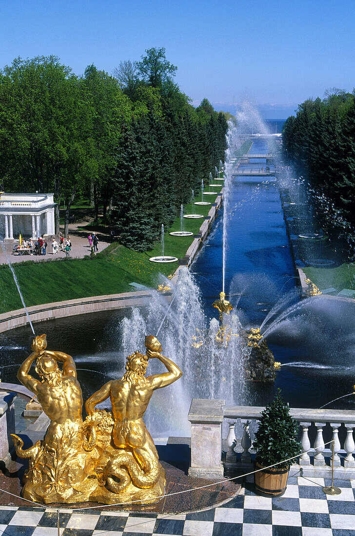 Grand Cascade: canals and water works. Peterhof Park. St. Petersburg. Russia