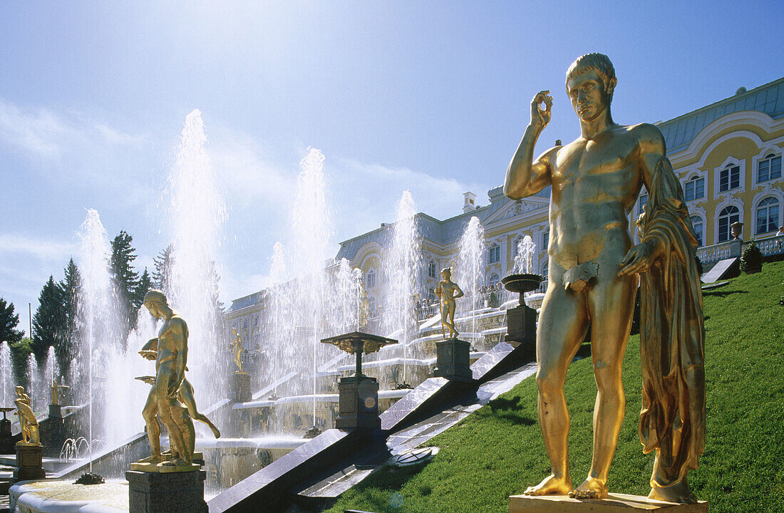 Golden statues and water works at Gran Cascade. Peterhof Park. Petrodvorets, St. Petersburg. Russia