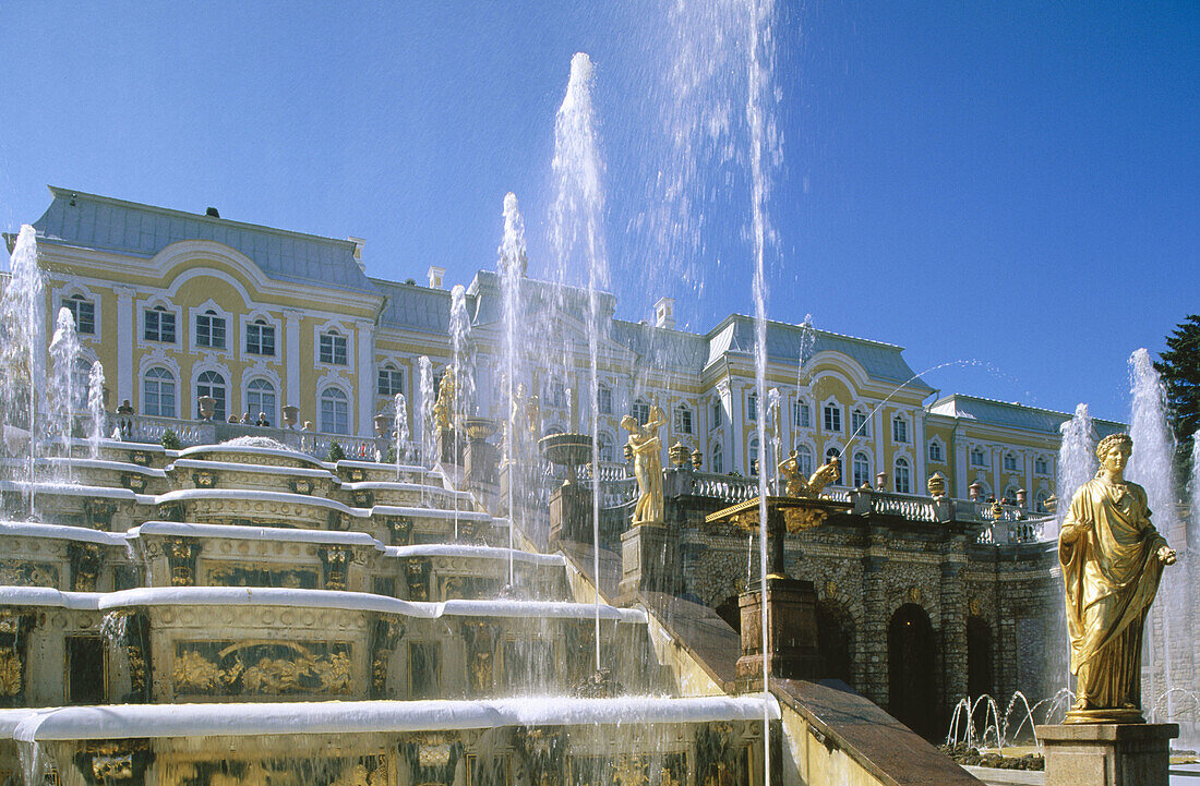 Grand Cascade and Palace. Peterhof Park. St. Petersburg. Russia