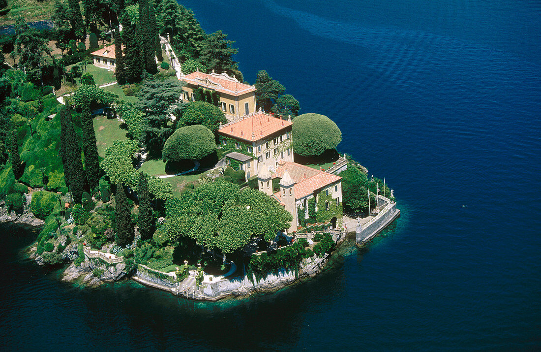 Aerial view of Villa Balbianello and Lake Como. Lenno. Lombardy, Italy