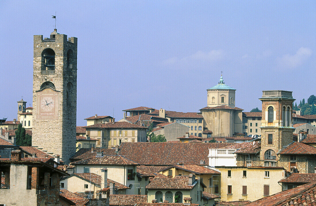 Bergamo Alta (upper) from the castle. Lombardy, Italy