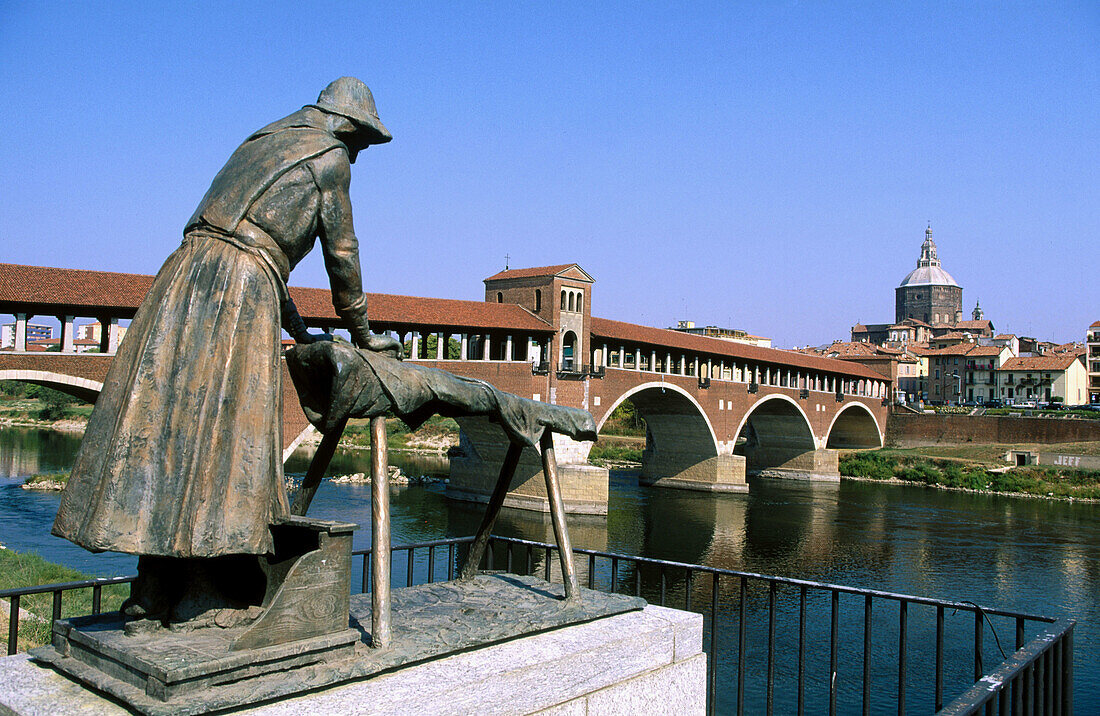 Covered bridge over Ticino River. Pavia. Lomardy, Italy