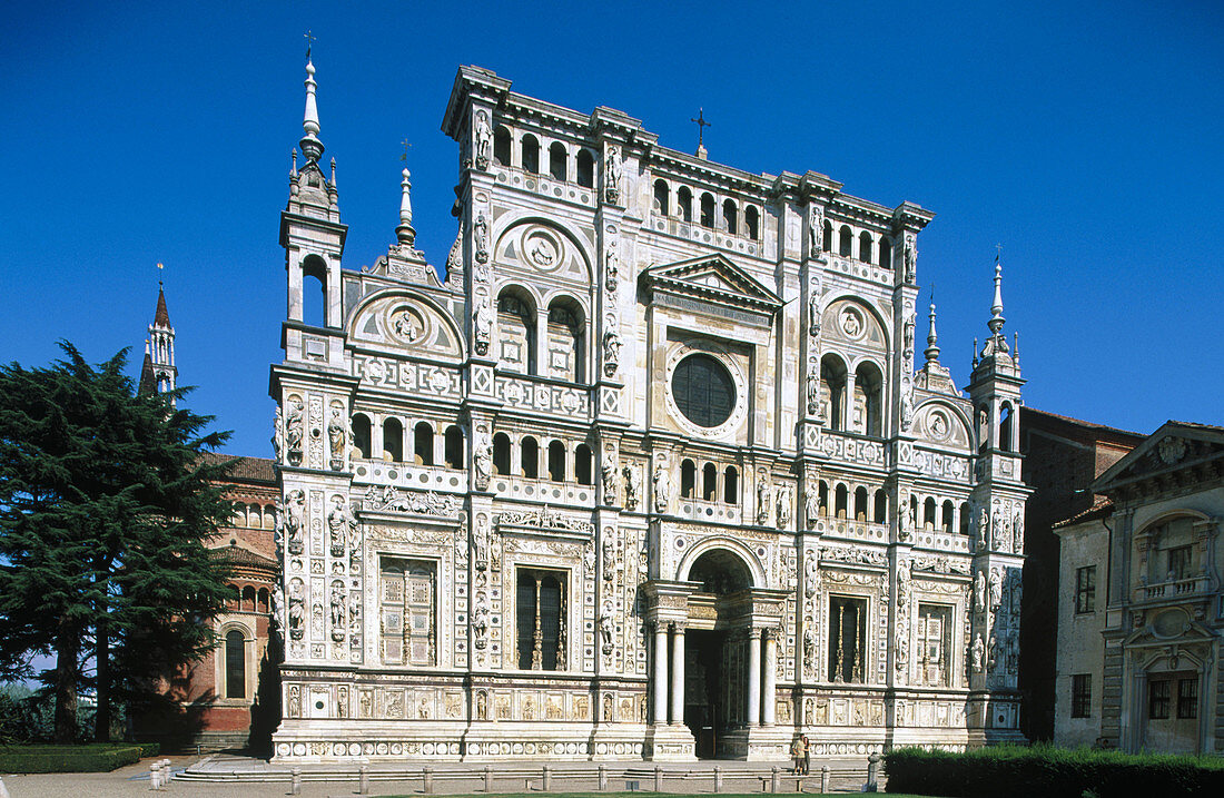 Façade of the church of La Certosa di Pavia (Carthusian monastery). Lombardy, Italy