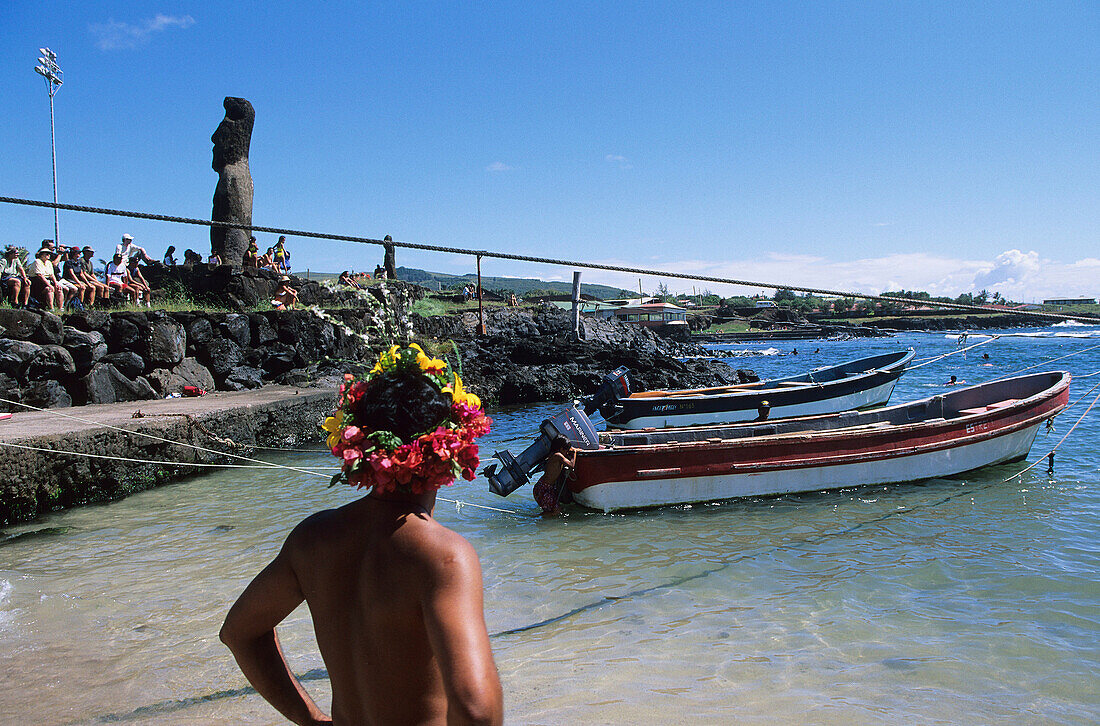 Ahu Tautira, La Caleta. Hanga Roa village. Easter Island. Chile.