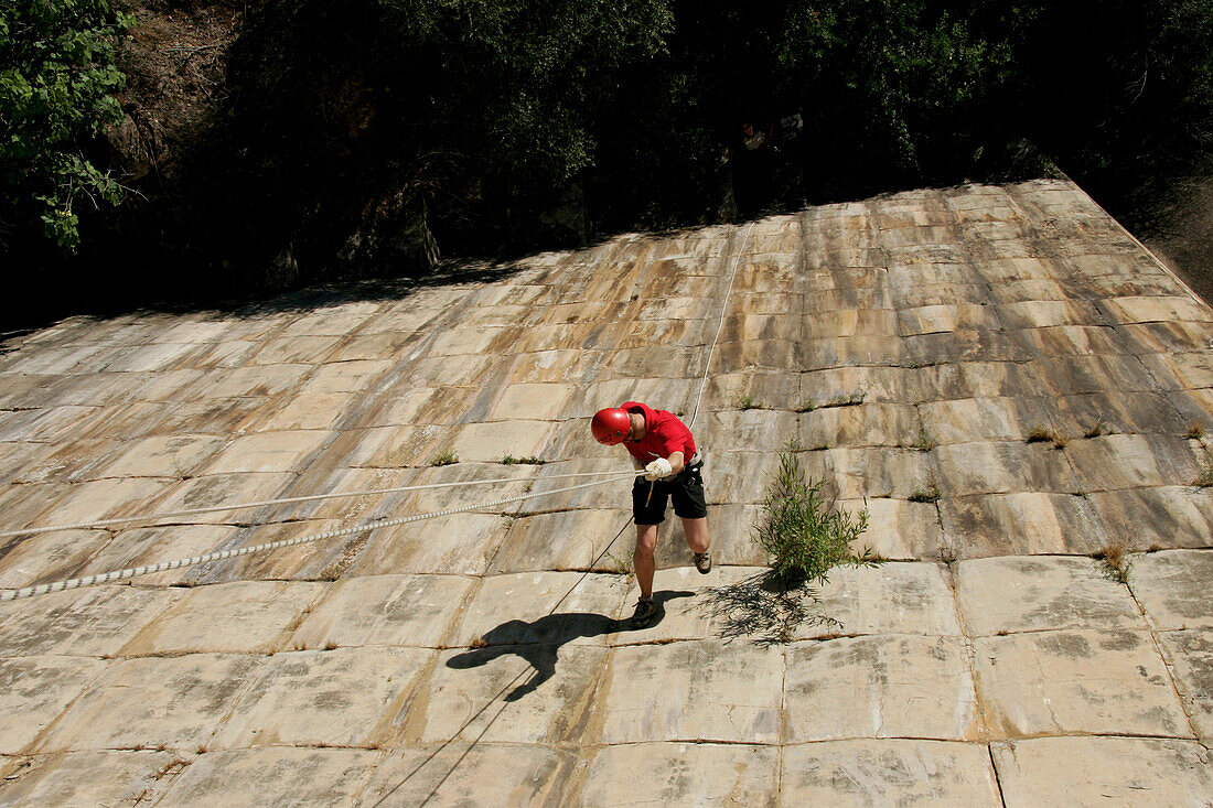 Man abseiling, Cortiso El Esparragal, Andalusia, Spain, Europe, mr