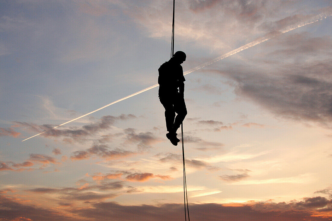 Man climbing, Coal mining museum for F60 conveyor bridge, near Finsterwalde, near Lichterfeld, Saxony, Germany, mr