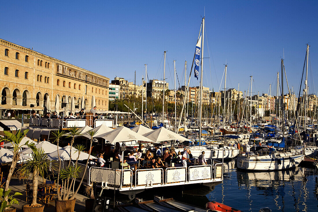Barcelona,Port Vell,Bar Terasse auf Boot vor Museu d Historia de Catalunya,Jachthafen