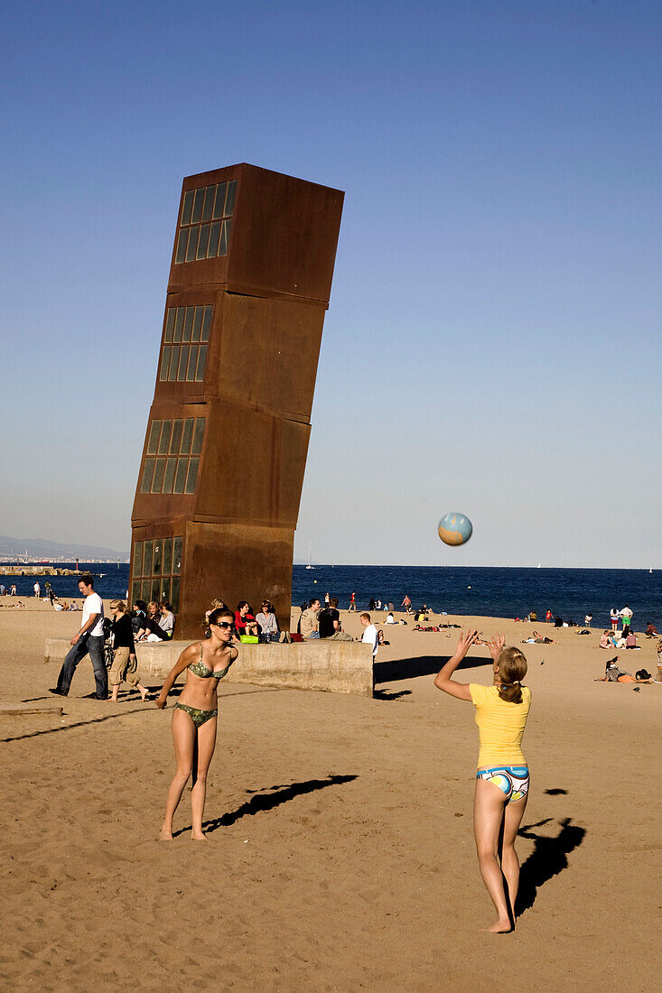 Barcelona,beach,Platja de la Barceloneta,people,Sculpture by Rebecca Horn,girls,beach volleyball
