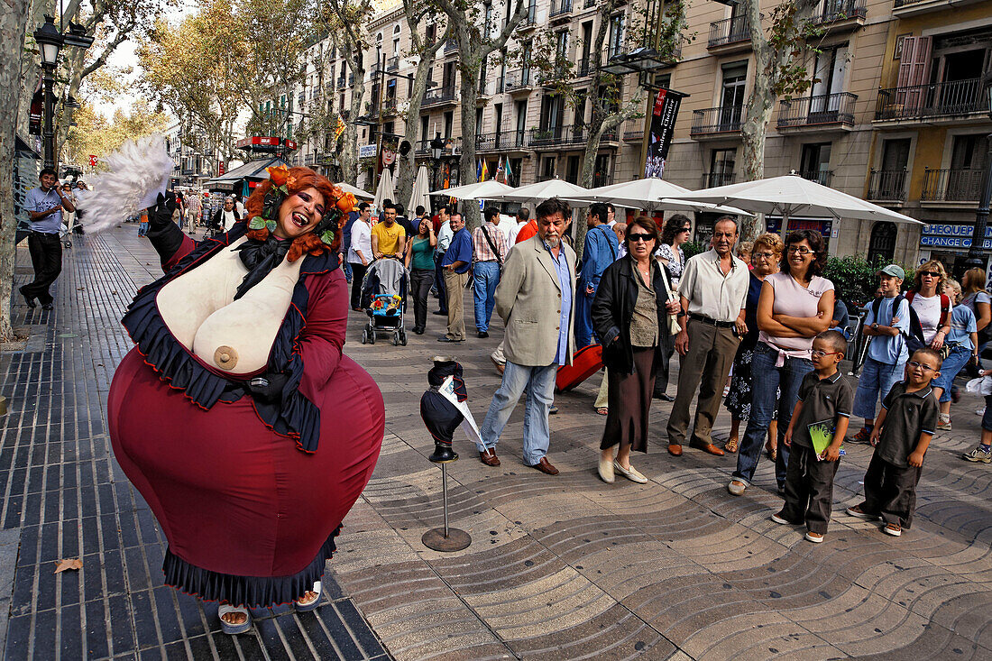 Spain,Barcelona,Las Ramblas,Boulevard,street artist,fat women joking