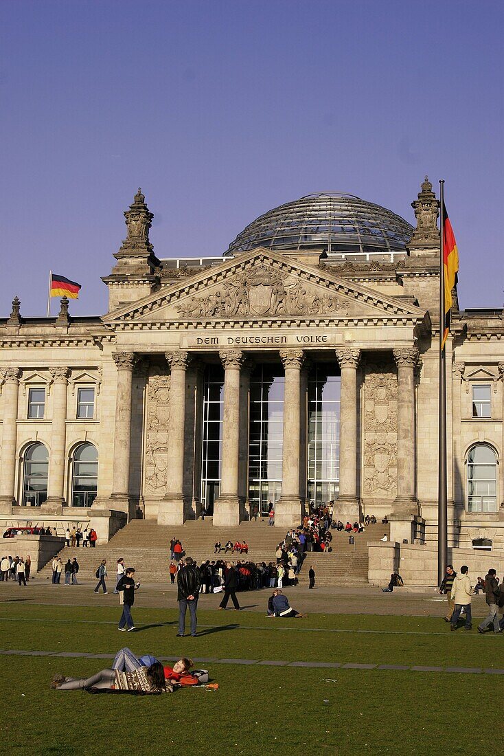 Berlin, Reichstag building with dome by Norman Forster, outdoors