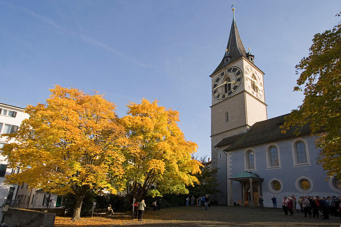 Switzerland, Zuerich, St. Peterhofstatt,  St. Peters church, autumn historic building, 13th century, largest clock face in europe