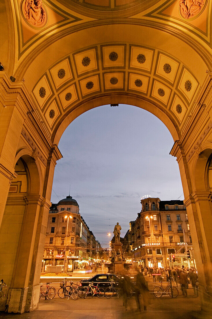 Switzerland, Zurich, railway station at twilight Portal towards the Bahnhofstrasse