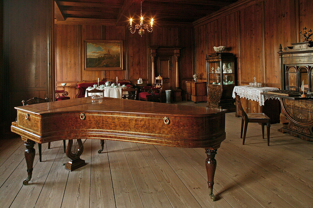 piano, salon, Burg Falkenstein, medieval castle, Harz Mountains, Saxony Anhalt, northern Germany