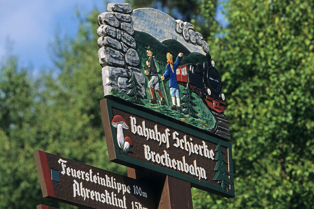 Saxony Anhalt, Germany, direction sign, hand carved, Brocken mountain, Brocken railway station