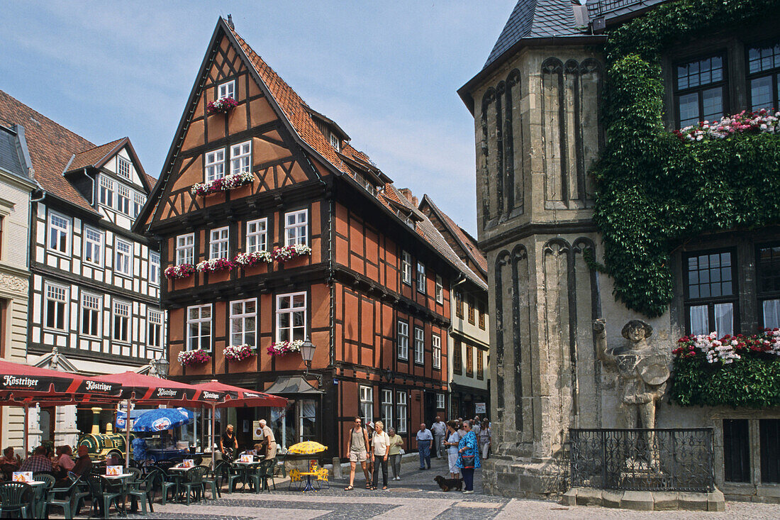 Quedlinburg, Marktplatz, Rathaus, Marktkirche, Münzenberger, Musikanten, Fachwerkhäuser, Harz, Sachsen-Anhalt, Harz