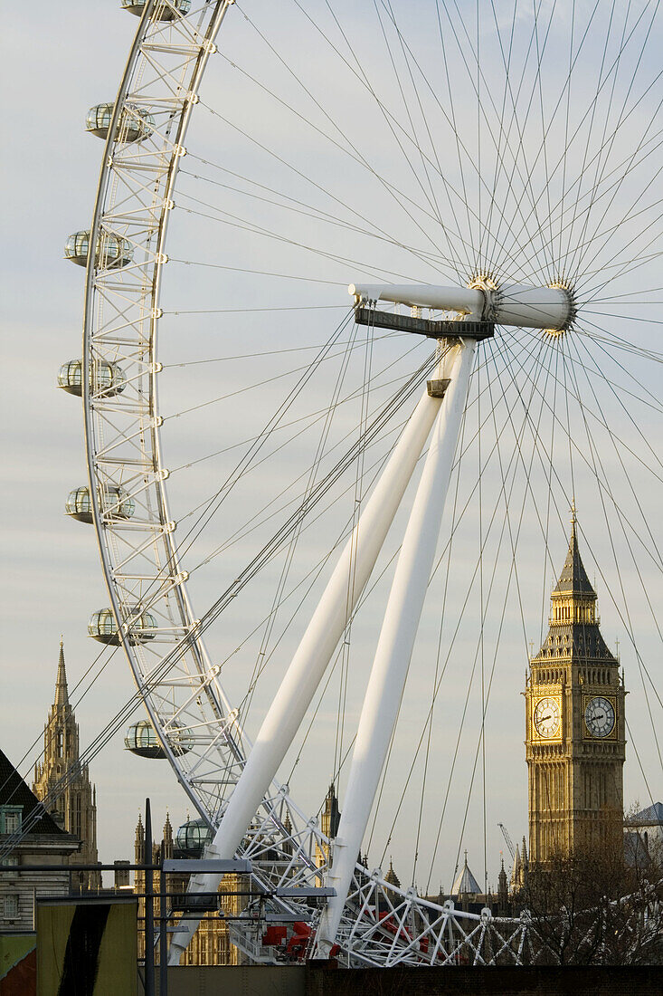 London Eye and Big Ben / Morning. Southbank. London. England. UK.