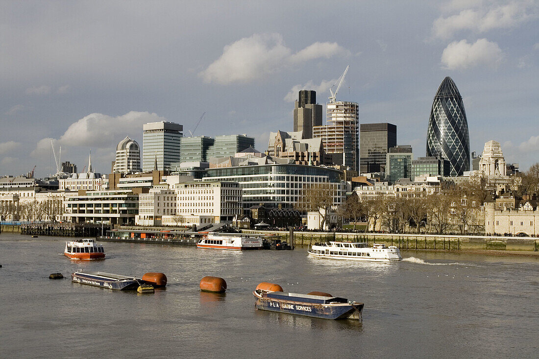 North Bank of the Thames River and the Gherkin. London. England. UK.