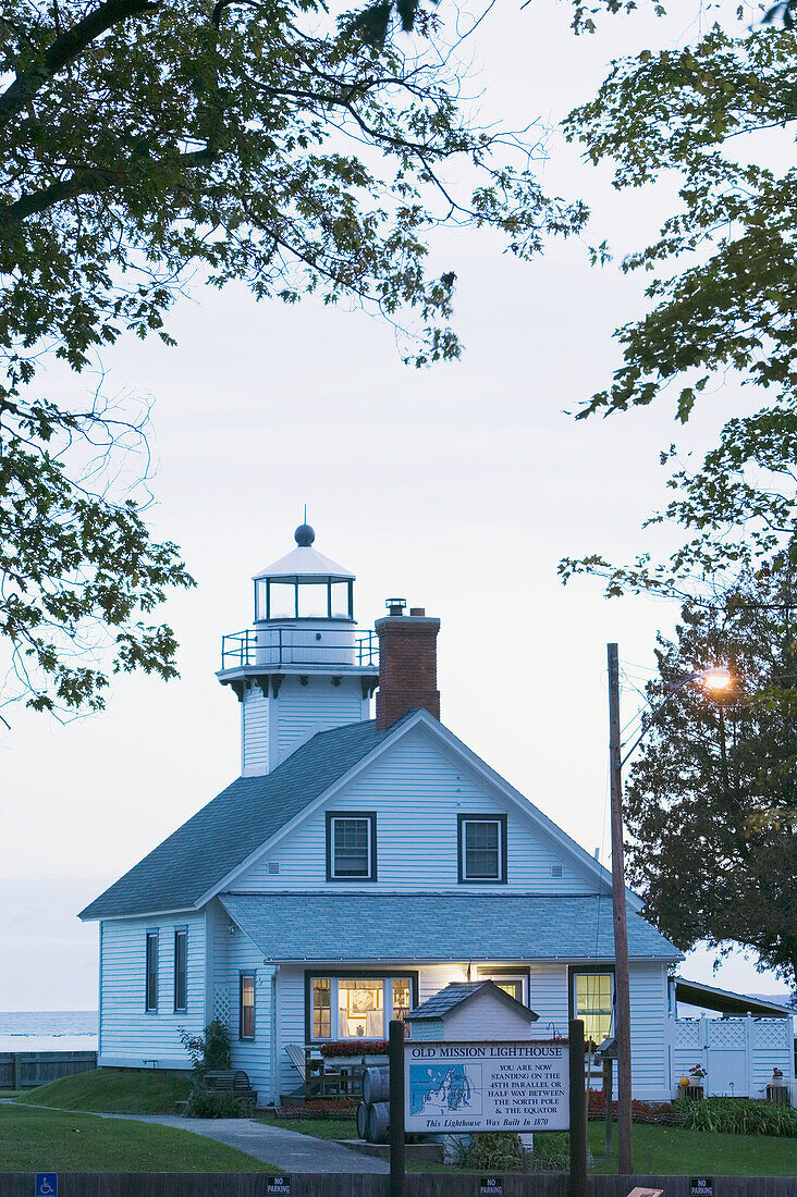 Old Mission Point Lighthouse. Dawn. Mission Peninsula. Lake Michigan Shore. Michigan. USA.