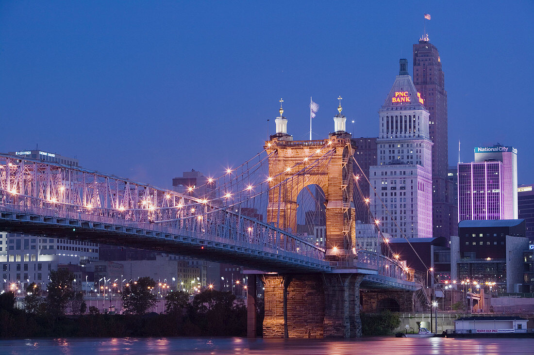 Roebling Suspension Bridge (b.1876) over the Ohio River and Skyline / Pre-Dawn. Cincinnati. Ohio. USA.