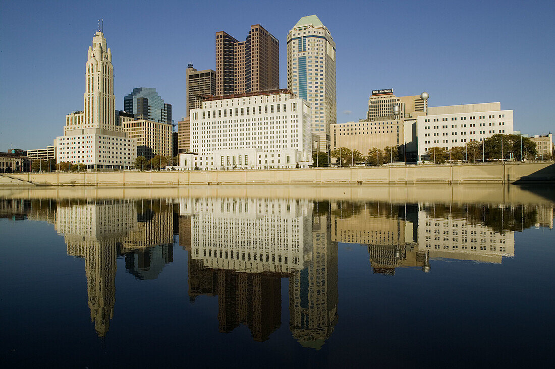 City Skyline along the Scioto River. Late afternoon. Columbus. Ohio. USA.