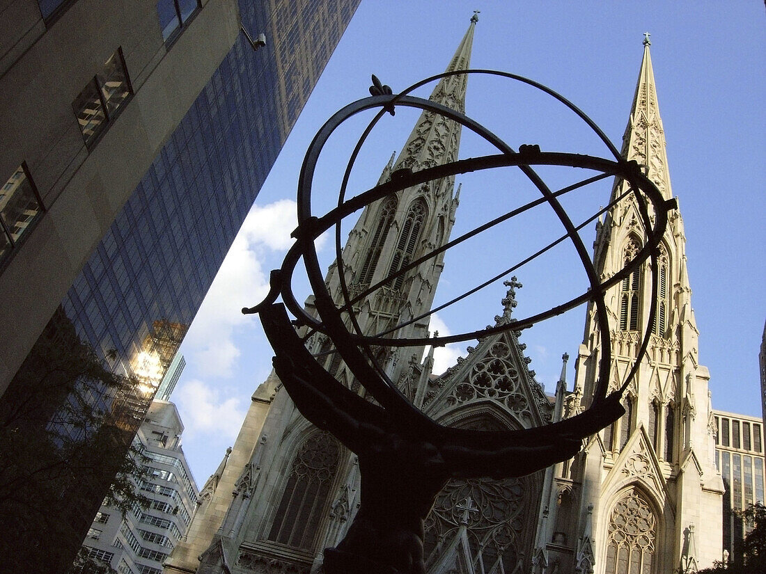 Atlas and Saint Patrick s Cathedral. New York city. USA.