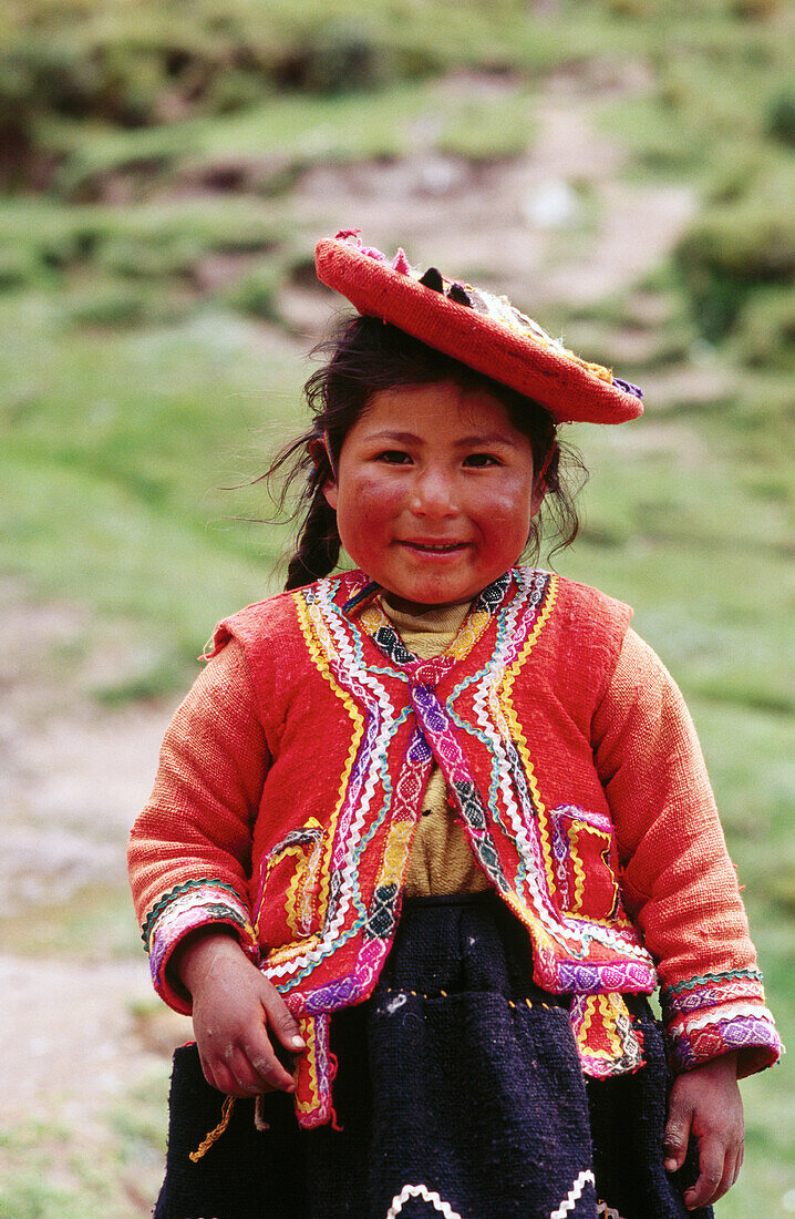 Quechua girl at the inca ruins of Tambo Machay, near Cuzco. Peru