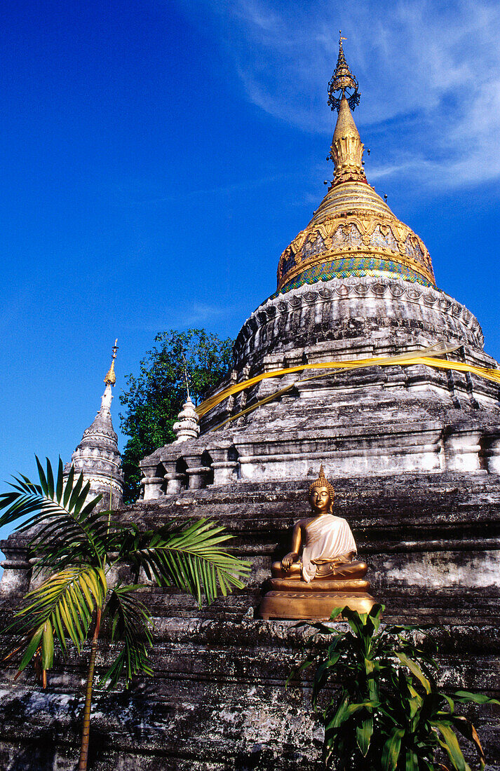 Chedi and golden Buddha at Wat Buppharam. Chiang Mai. Thailand