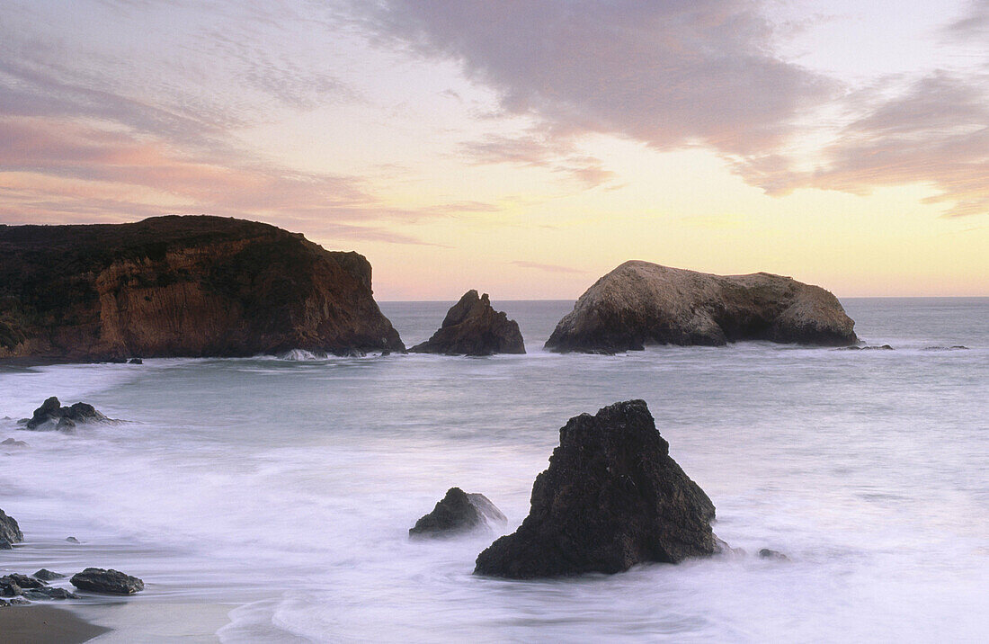 Sea stacks at twilight. Rodeo Beach. Golden Gate National Recreation Area. Marin County. California. USA