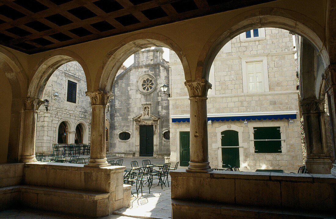 St. Michael s Church from arched loggia, town of Korkula. Korcula Island, Dalmatia. Croatia