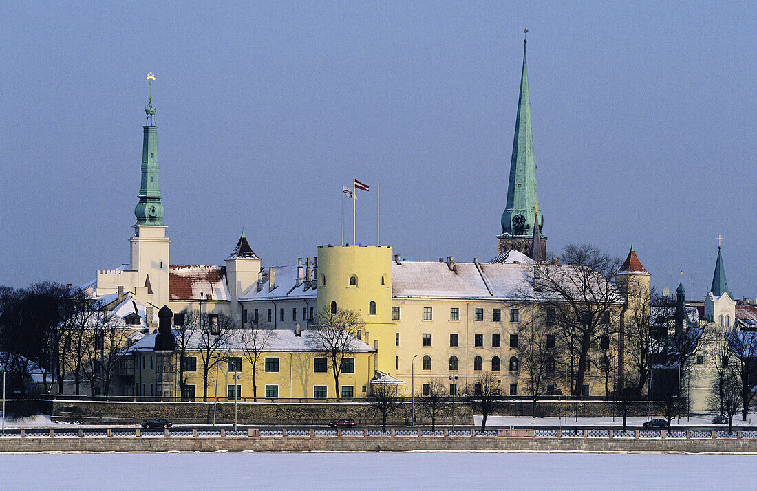 Riga castle in old town from Vansu bridge on Daugava river. Riga, Latvia