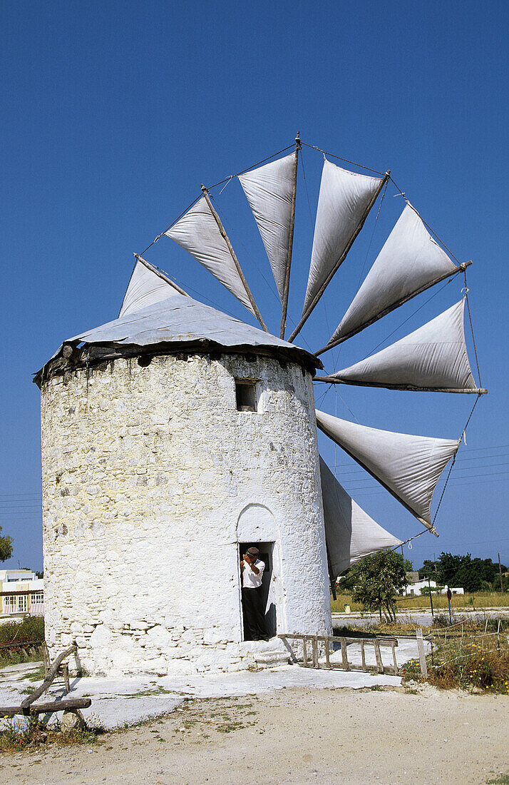 Windmill. Antimahia village. Kos Island. Dodecanese. Greece.